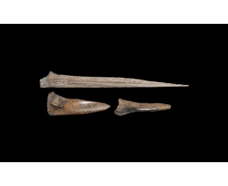 Neolithic, 4th-3rd millennium BC.
A mixed group of bone points, one triangular with carved flange to rear, one slender with T