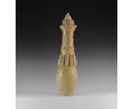 Song Dynasty, 960-1127 AD. 
A cream-glazed ceramic granary jar with bird and rosette appliques and undulating dragon to the n