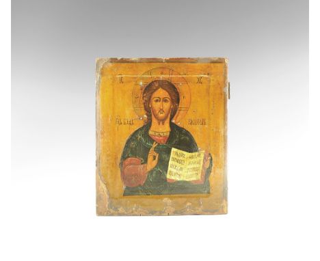 Early 19th century AD. 
A rectangular wooden icon with tempera painted image of Christ Pantocrator (Христос Пантократор), nim