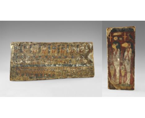 Late Period, 664-332 BC. 
A rectangular wooden panel, probably part of an anthropoid coffin, with gently curved profile, mort