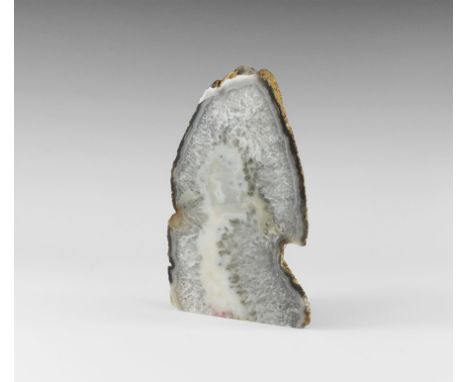 . A milky blue agate crystal geode from Scotland, with base and one face polished. 1.5 kg, 19cm (7 1/2"). From an old Bristol