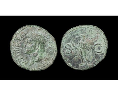 37-41 AD. Rome mint. Obv: M AGRIPPA L F COS III legend with head left wearing rostral crown. Rev: S - C across fields with Ne