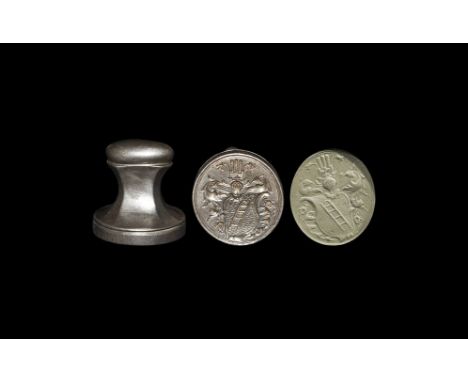 17th-18th century AD. 
A cut steel chessman seal matrix with hexagonal section shaft and pointed oval knob; the oval face wit