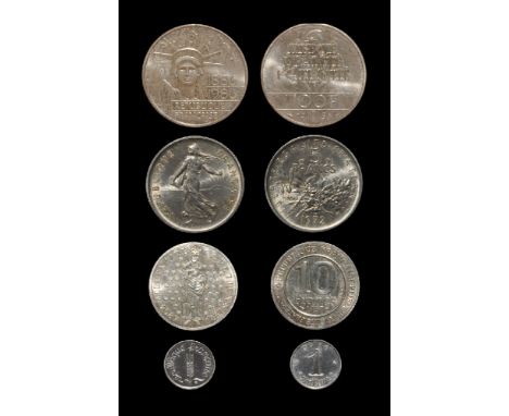 Dated 1968-1987 AD. Group comprising: 1 centime, 1968, steel piedfort. Obv: ear of wheat with script 'republique francaise' l