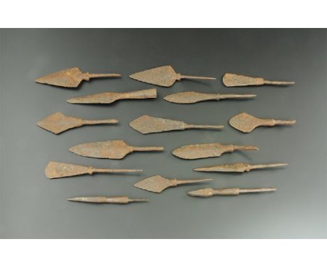 12th-15th century AD.
A mixed group of iron arrowheads comprising: ten leaf-shaped, tanged; two bodkin type, tanged; two chis