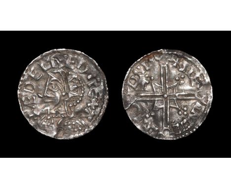 1003-1009 AD. BMC type VIII variant. Obv: profile bust with radiate crown and +ÆDELRÆD REX A legend. Rev: long voided cross w