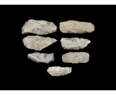 Mesolithic, 17,000-10,000 BP. 
A mixed group of knapped grey flint axeheads and a core, marked with their findspots 'Bramsnæs