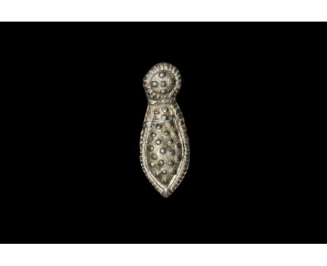 8th-10th century AD.
A silver-gilt domed mound with scaphoid body and rosette finial, beaded border and raised pellets within