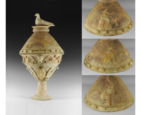 Late 3rd century BC. 
A large ceramic vessel consisting of a pedestal base decorated with diagonal lines of cream, pink, brow