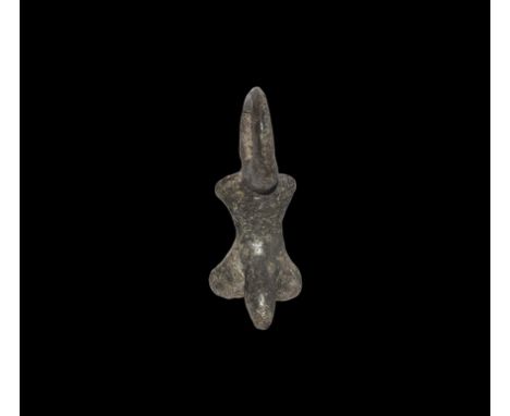 1st-2nd century AD.
A bronze pendant of male genitals with a thick suspension ring above. 15 grams, 45mm (1 3/4"). [No Reserv