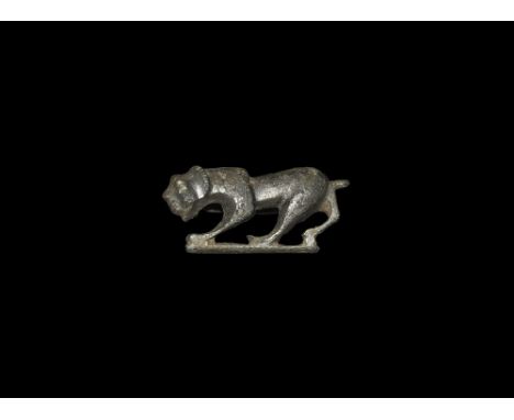 2nd century AD.
A bronze plate brooch of a panther advancing on a baseline with head lowered, some tinning to surface, hinged