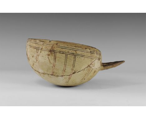 1500 BC. 
A large ceramic bowl with stirrup-shaped handle with lines of painted decoration; body of the bowl painted with hor