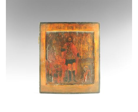18th century AD. 
A rectangular wooden icon with tempera painted scene in a recess, nimbate St. Nikita (Никита)) standing in 