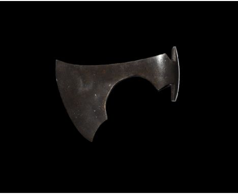 9th-11th century AD.
An iron axehead with triangular-section blade, narrow neck widening to a broad bevelled edge with chin a