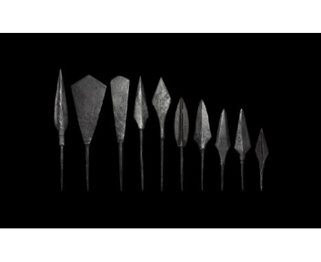 12th-15th century AD. 
A mixed group of iron arrowheads comprising:one triangular-section tanged; one leaf-shaped, tanged wit