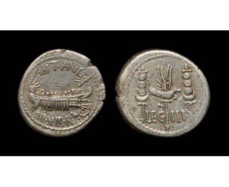 32-31 BC. Military mint travelling with Mark Anthony. Obv: ANT AVG III VIR R P C legend with Praetorian galley travelling rig