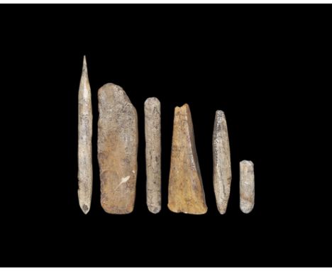 Neolithic, 4th-3rd millennium BC. 
A mixed group of bone tools comprising: an awl with ridges above the round butt; a triangu