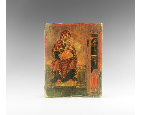 18th century AD. A rectangular wooden icon with painted scene of Mary Theotokos (??????????), nimbate and enthroned with nimb