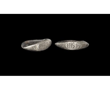 3rd-4th century AD.
A silver ring with tapering shank with wide flaring shoulder with incised X on each, bezel inscribed with