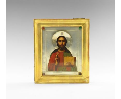 Late 19th century AD. 
A painted icon of Christ Pantocrator (Христос Пантократор) holding a book in his left hand, covered by