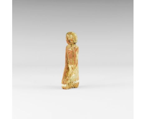 Middle Kingdom, 2133-1797 BC. 
A carved wooden funerary worker figurine depicted kilted, kneeling with hands on the knees; re