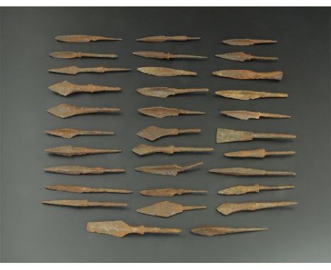 12th-15th century AD. 
A mixed group of iron arrowheads comprising: fourteen tanged, triangular-section; eight tanged, leaf-s