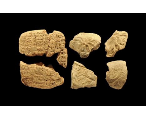 2500-2340 BC. 
A mixed ceramic group comprising: an administrative document from the ancient Sumerian city of Isin, with cune