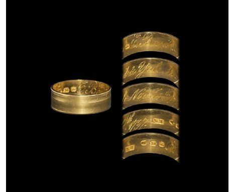 Dated 1797 AD.
A Georgian gold ring with circumferential incised hoops; inscribed to the inner face in script 'E. Boyd &amp; 