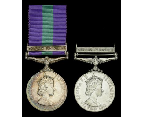 General Service 1918-62, 1 clasp, Arabian Peninsula (1184 Pte. Suhail Gumsha. T.O.S.) Trucial Oman Scouts; another similar bu