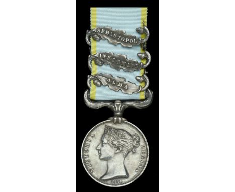 Crimea 1854-56, 3 clasps, Alma, Inkermann, Sebastopol, unnamed as issued, carriage between first two clasps broken at right s
