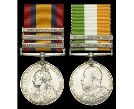 Pair: Private J. Roberts, Oxford Light Infantry   Queen’s South Africa 1899-1902, 3 clasps, Relief of Kimberley, Paardeberg, 