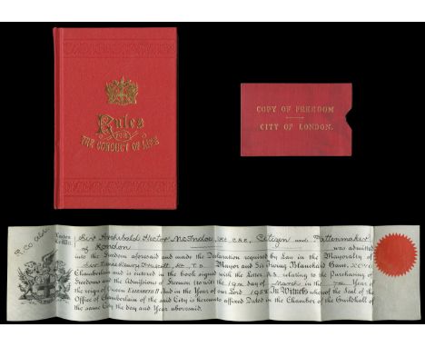 The Freedom of the City of London parchment certificate awarded to the New Zealand born pioneering plastic surgeon Sir A. H. 