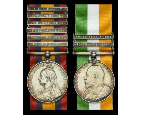 Pair: Private T. Rhodes, Coldstream Guards  Queen’s South Africa 1899-1902, 6 clasps, Belmont, Modder River, Driefontein, Joh
