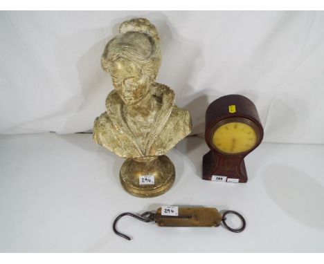 An Art Deco style mantel clock, a bust of a lady, approx 36cms (h) and a brass Salter balance marked No.3 (3)