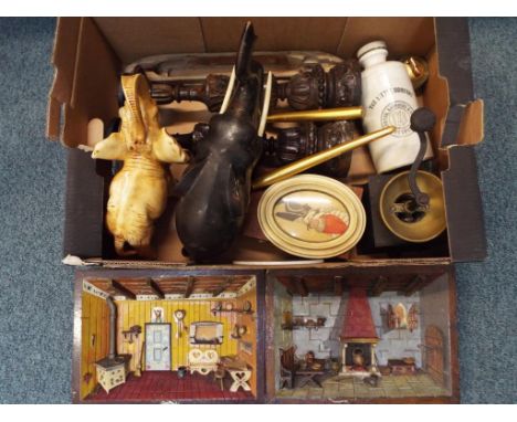 A good lot to include two models of elephants, a vintage coffee mill, two mantel sconces, a Royal Copenhagen ceramic wall pla
