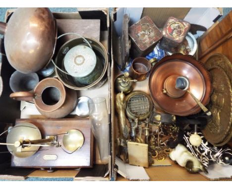 A good mixed lot to include ceramics, vintage tins, brass and copper ware, decorative inlaid wooden pictures, a set of scales