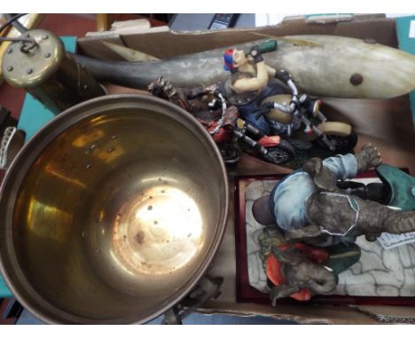 A good mixed lot to include an unusual horn lamp in the form of a fish, a miner's lamp, a twin handled brass jardiniere, a fi