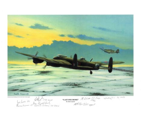 World War Two print approx 12 x16 titled "Last One Home "by the artist Keith Aspinall signed in pencil by 7 Bomber command ve