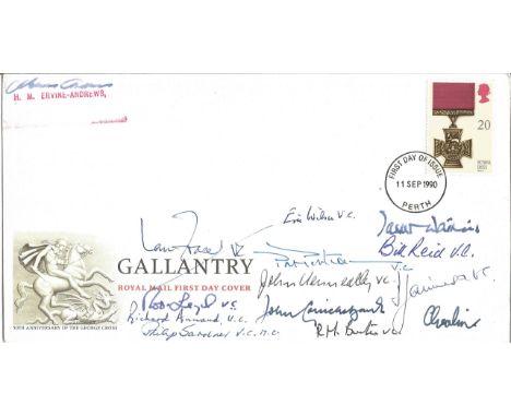 Multiple signed WW2 Victoria Cross winners 1990 Gallantry FDC. Signed by H Ervine Andrews VC, Ian Fraser VC, Rod Learoyd VC, 