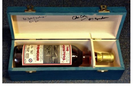 Dambusters Limited Edition Macallan Bottle of single malt whiskey housed in wooden case signed by Johnny Johnson and Colin Co