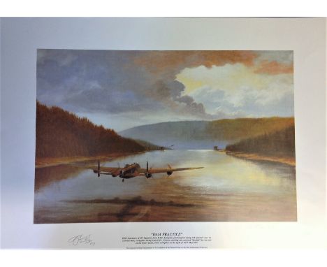 Dambuster World War Two print 16x22 title "DAM PRATICE" by the artist Gordon Wright signed by 617 veterans Colin Cole and Ken
