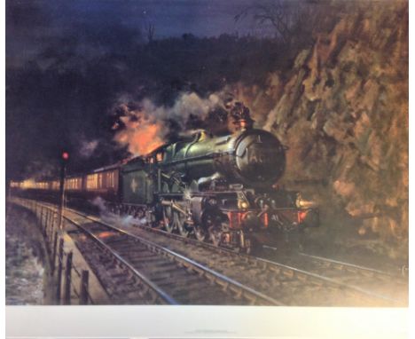 Railway Print approx 24x28 titled Night Express signed in pencil by the artist Terence Cuneo. This reproduction is one of a s