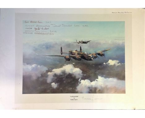 World War Two print approx 12x18 titled "LANCASTER" by the artist Robert Taylor signed by 6 bomber command veterans Arthur Fe