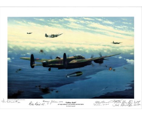 World War Two print approx 12x16 titled "Tallboy Raid" 617 Squadron Lancaster and Escorts signed in pencil by 7 bomber comman