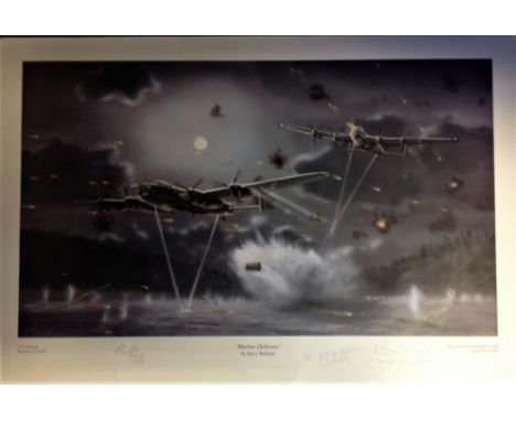 Dambuster World War Two print approx 18x26 titled "MARTIN DELIVERS "by the artist Barry Walford signed in pencil by the artis