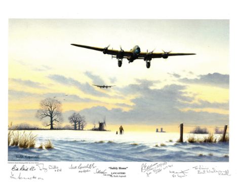 World War Two print approx 12x16 titled Safely Home by the Artist Keith Aspinall signed in pencil by the artist and 7, Bomber