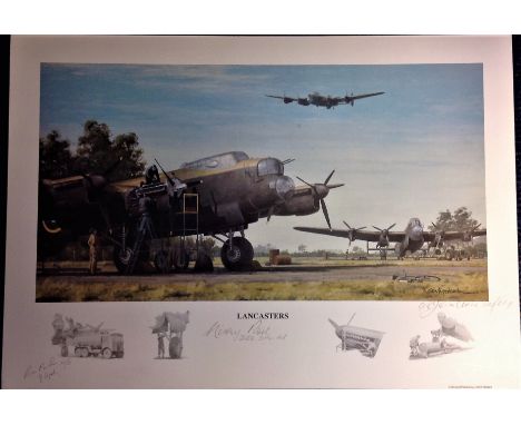 World War Two print 12x16 titled LANCASTERS by the artist Keith Woodcock signed by bomber command veterans Ron Birch 9, Sqdn,