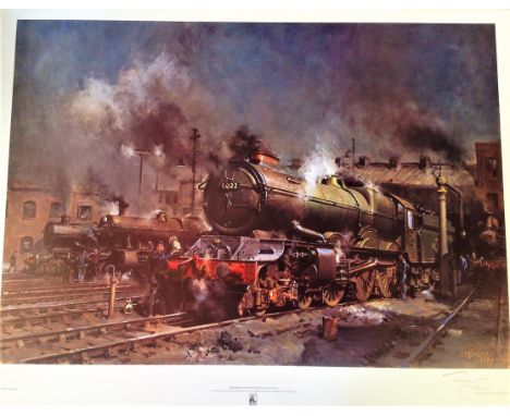 Railway Print 24x32 approx titled Preparing for Departure signed in pencil by the artist Terence Cuneo. This reproduction is 