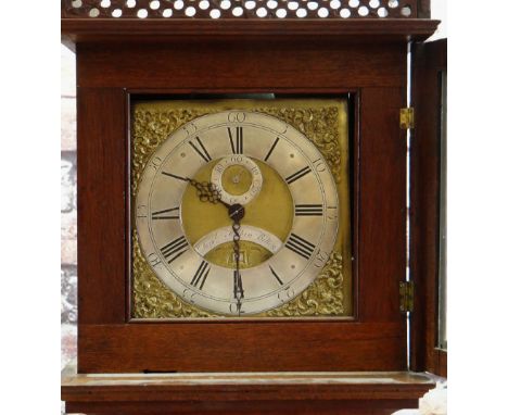 18TH CENTURY 30-HOUR OAK LONGCASE CLOCK, Samuel Holbin Bitton, silvered roman chapter ring, brass matt centre with applied sp