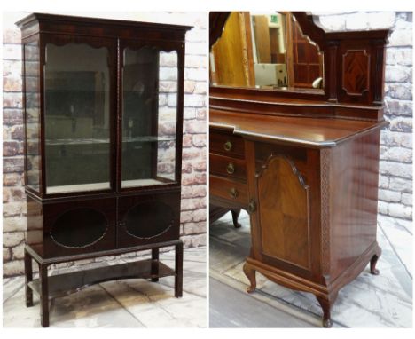 EARLY 20TH CENTURY FURNITURE comprising mahogany china cabinet with shaped doors and glazed sides, cupboards under and platfo